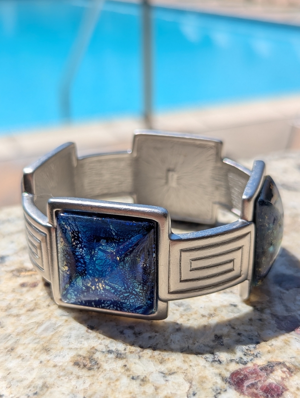 Yves Saint Laurent YSL Bangle Bracelet Silvertone Blue Dichroic Glass Vintage 💕